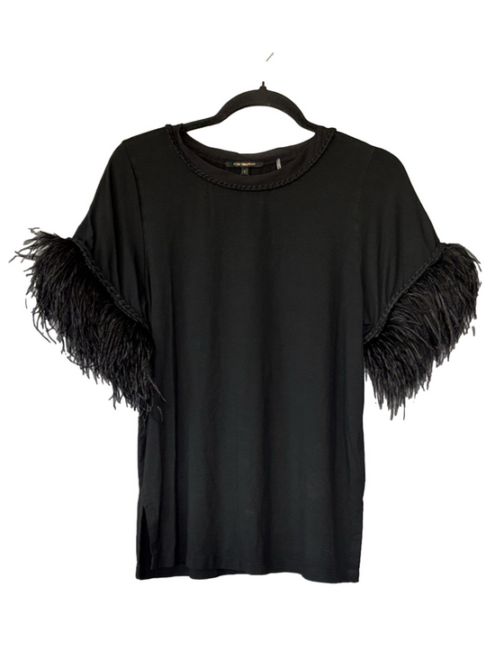 Kobi Halperin Tops - Kobi Halperin Black Feather Trim Miley Top Braided Neckline Blouse Chic Glam